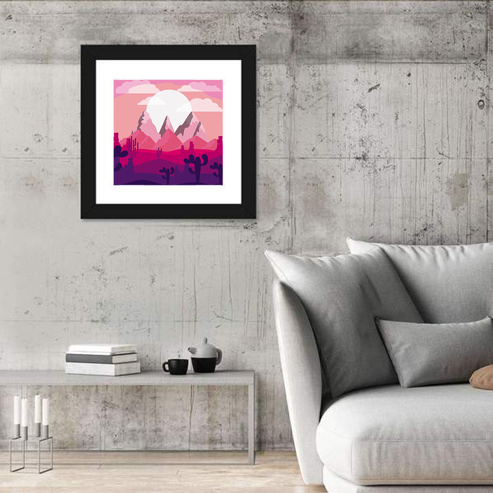 Magenta Desert Mountains Illustration Wall Art in a room, square