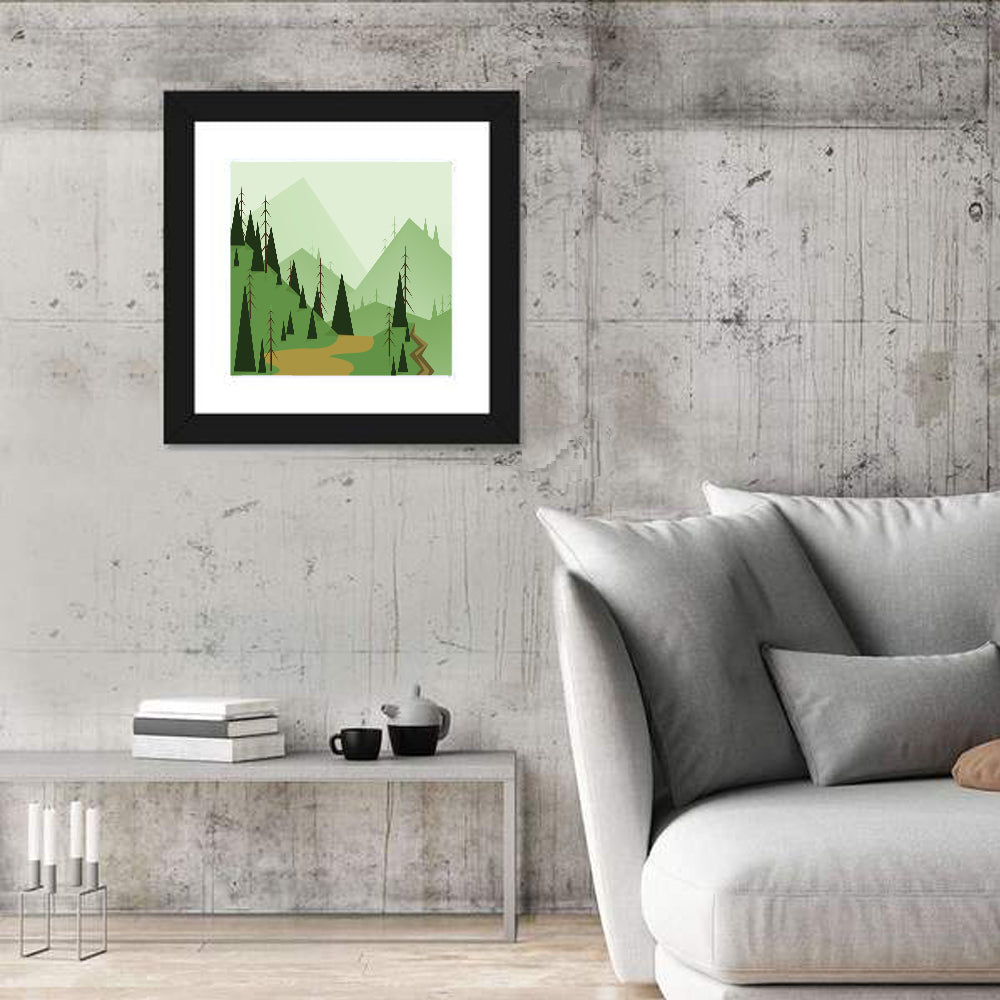Green Foggy Hills Illustration Wall Art in a room, square