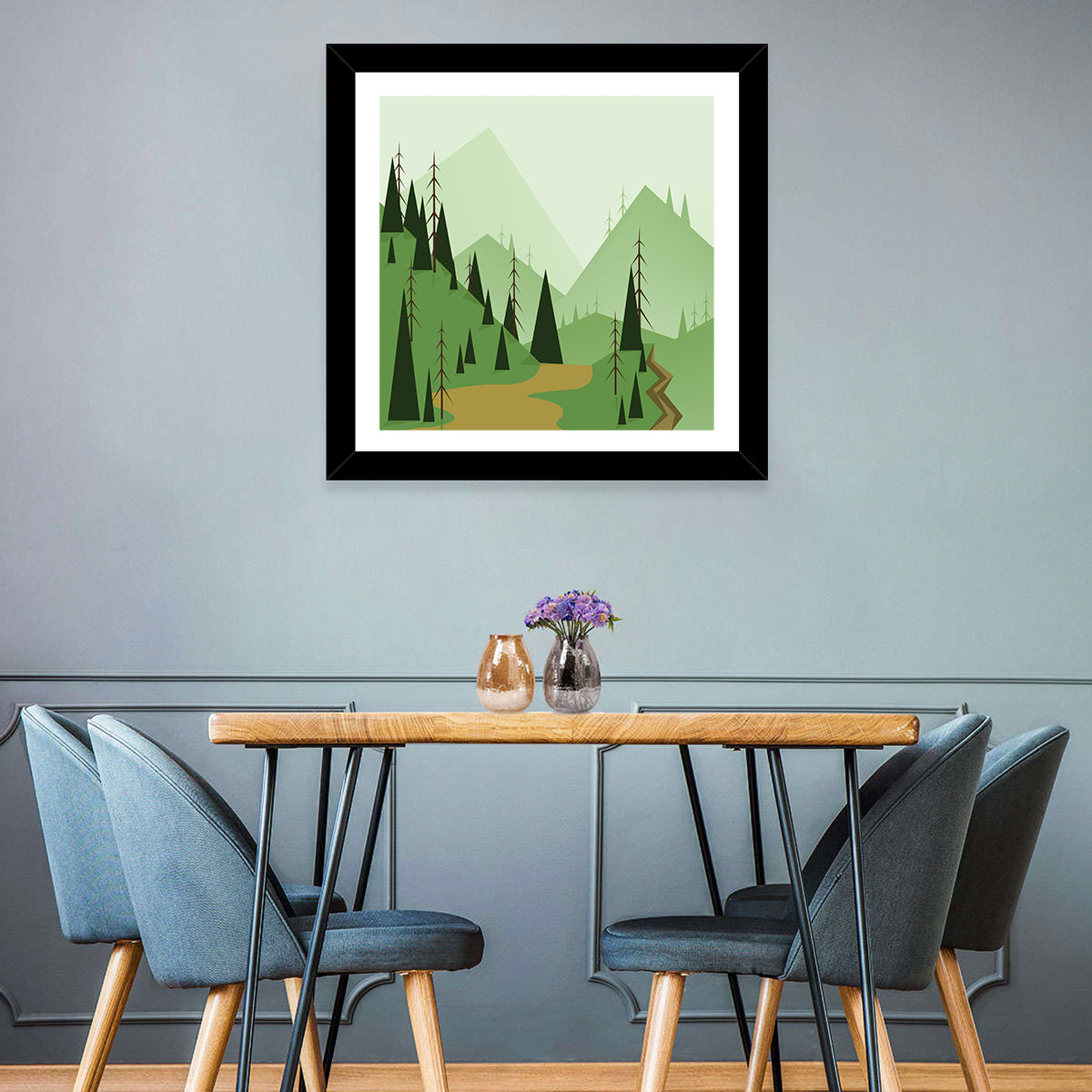 Green Foggy Hills Illustration Wall Art in a room, square
