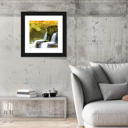 Sunlit Forest Waterfall Wall Art