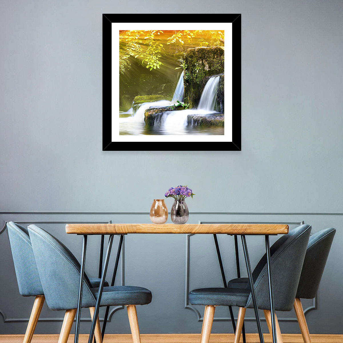 Sunlit Forest Waterfall Wall Art
