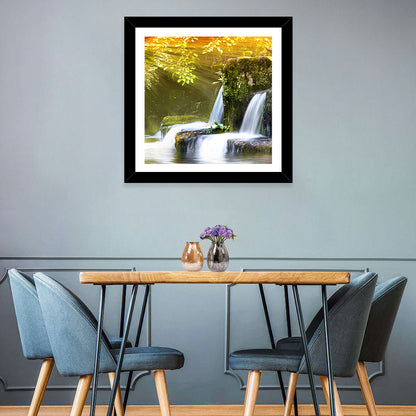 Sunlit Forest Waterfall Wall Art