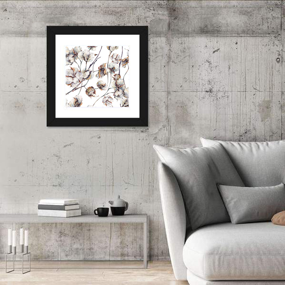 Watercolor Cotton Bolls Wall Art in a room, square