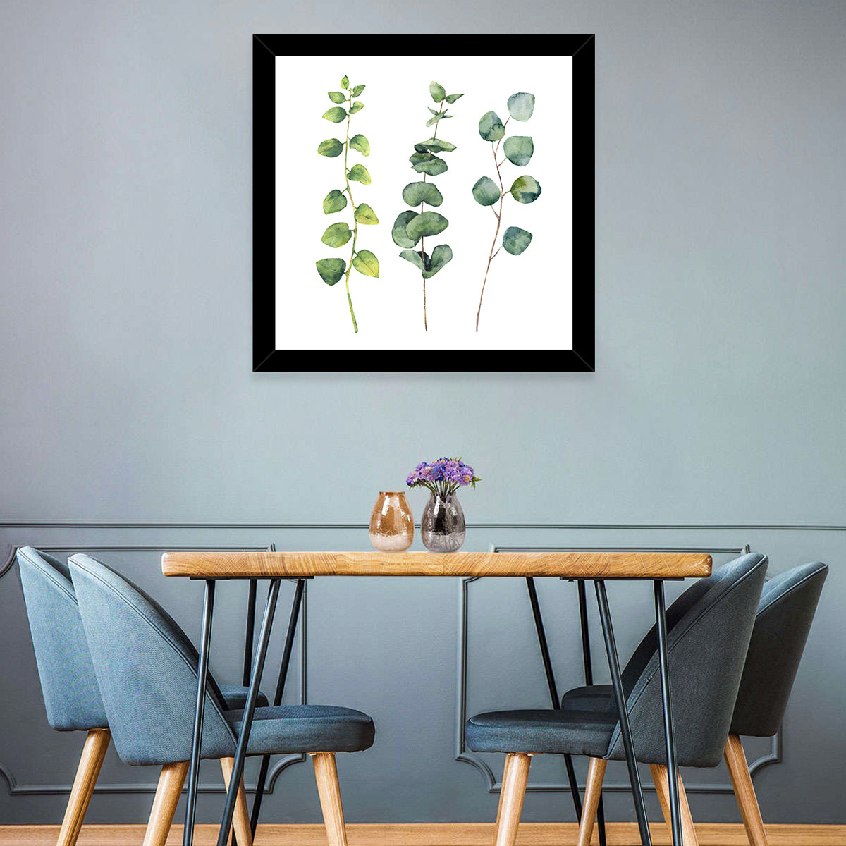 Watercolor Eucalyptus Stems Wall Art in a room, square