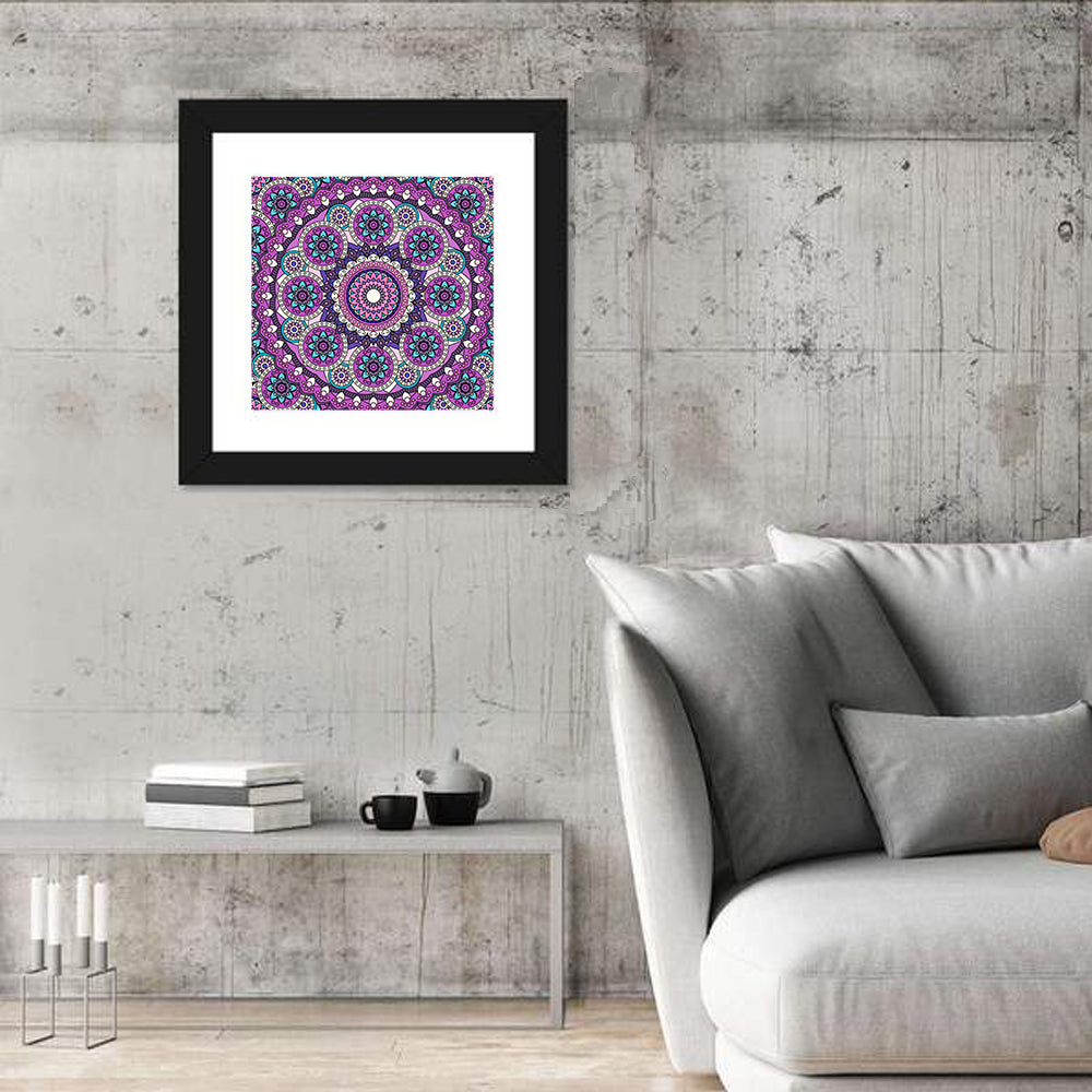Vibrant Purple Teal Mandala Pattern Wall Art in a room, square