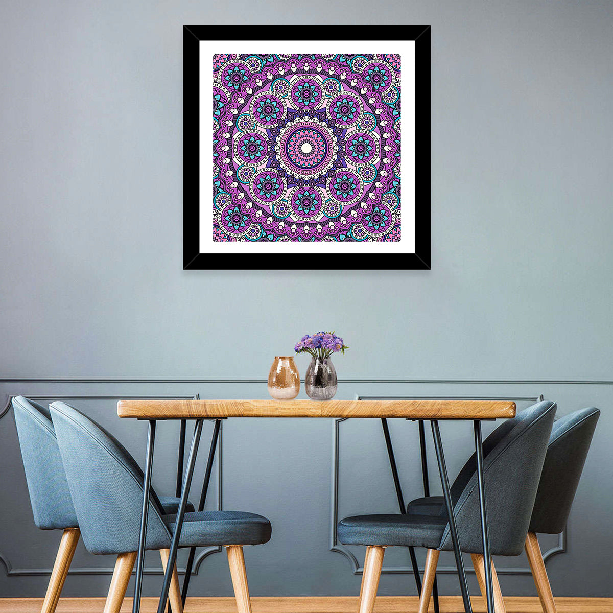 Vibrant Purple Teal Mandala Pattern Wall Art in a room, square