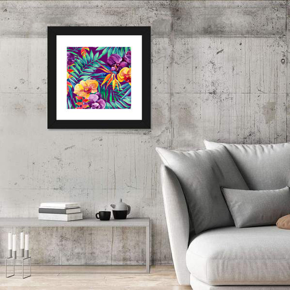 Tropical Orchid and Palm Pattern Wall Art in a room, square