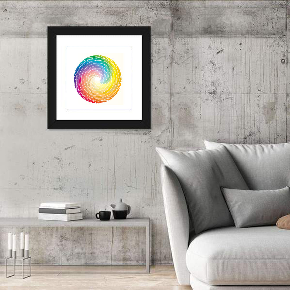 Radial Rainbow Spiral Wall Art in a room, square
