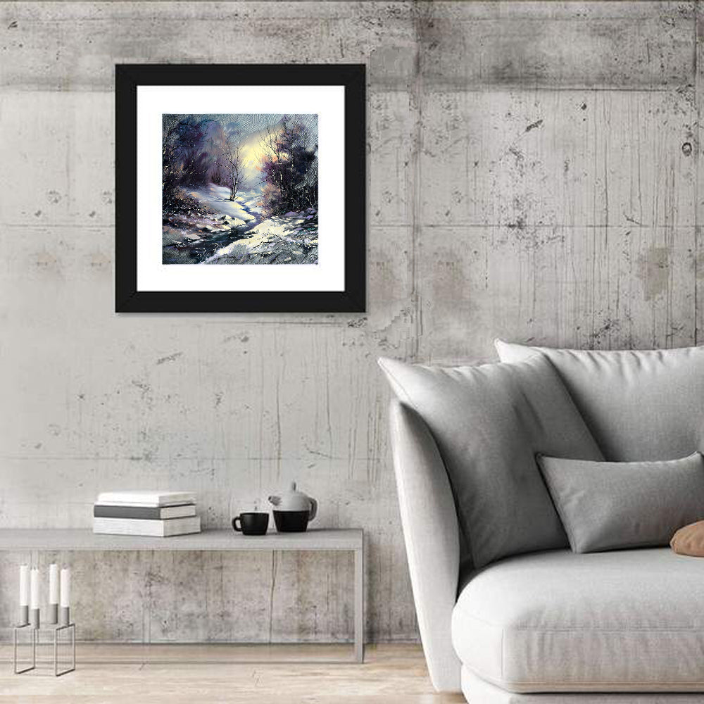 Sunlit Frozen Stream in Winter Forest Wall Art