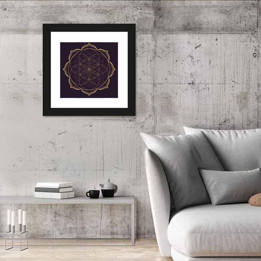 Golden Sacred Geometry Mandala Wall Art in a room, square