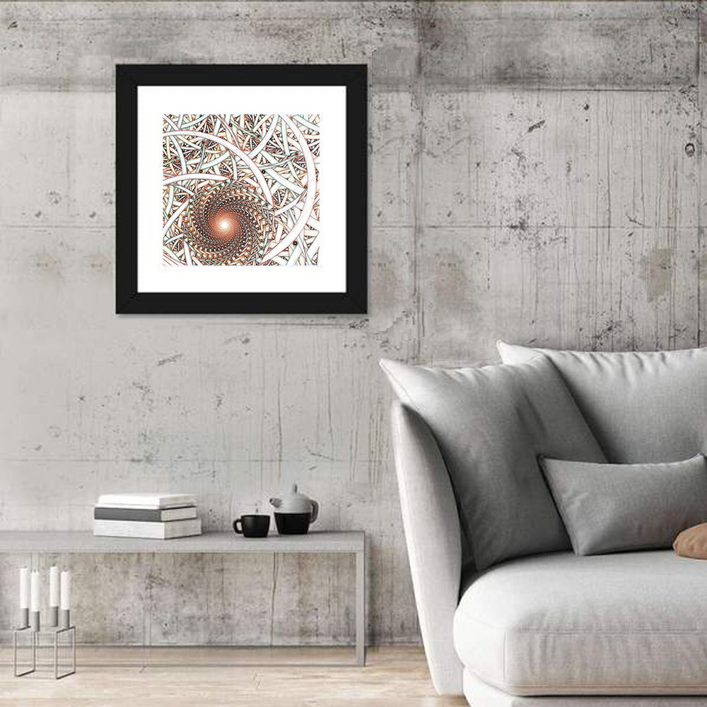Copper Fractal Spiral Mandala Wall Art in a room, square
