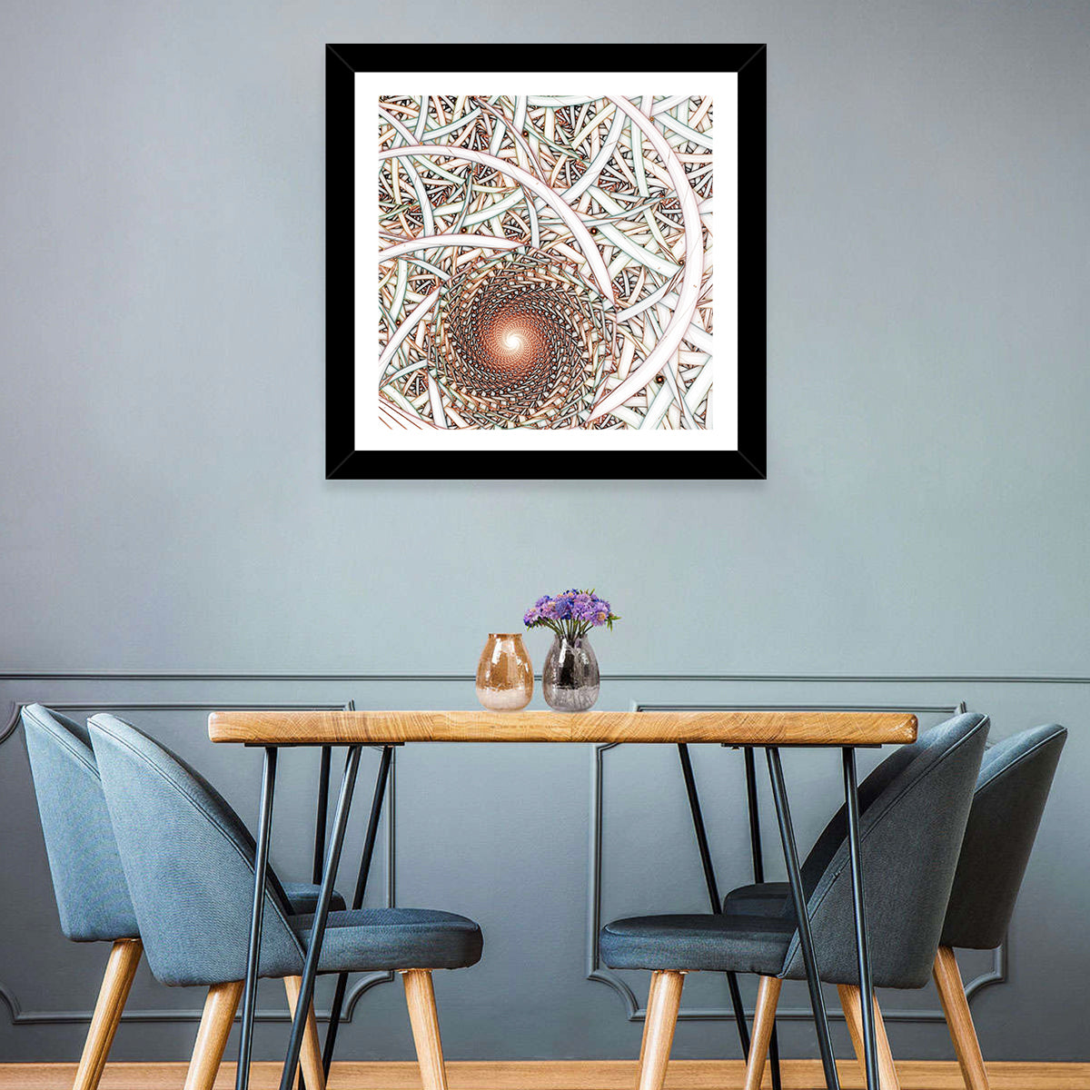 Copper Fractal Spiral Mandala Wall Art in a room, square