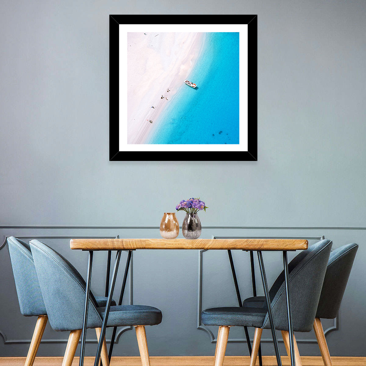 Aerial Beach Bay with White Boat Wall Art