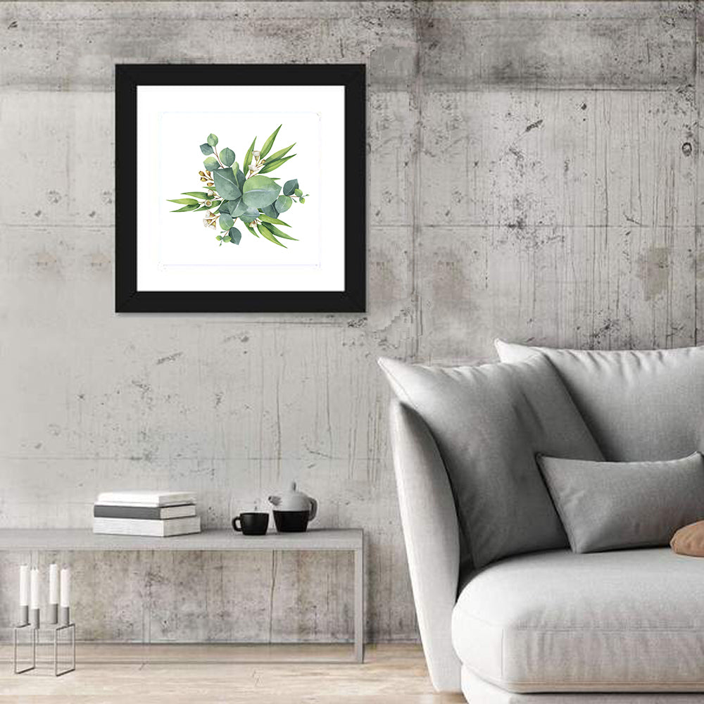 Eucalyptus Leaf Watercolor Cluster Wall Art in a room, square