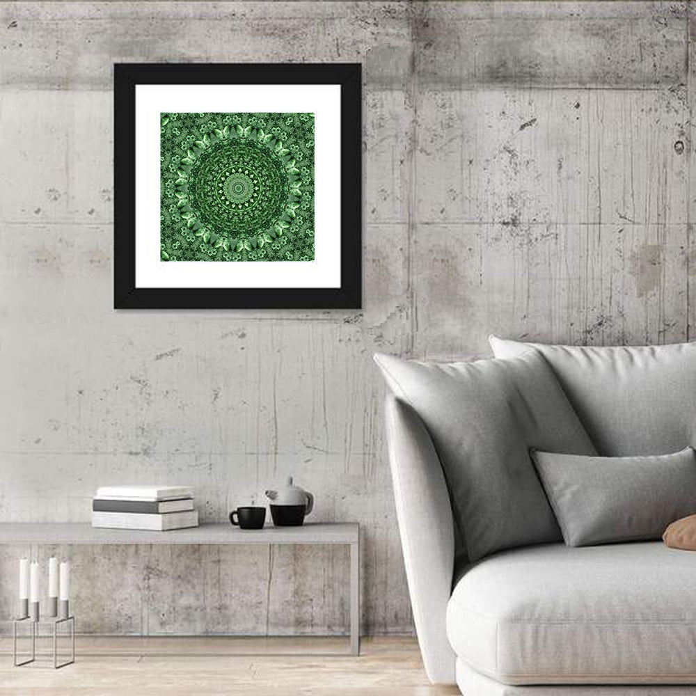 Green Botanical Kaleidoscope Mandala Wall Art in a room, square