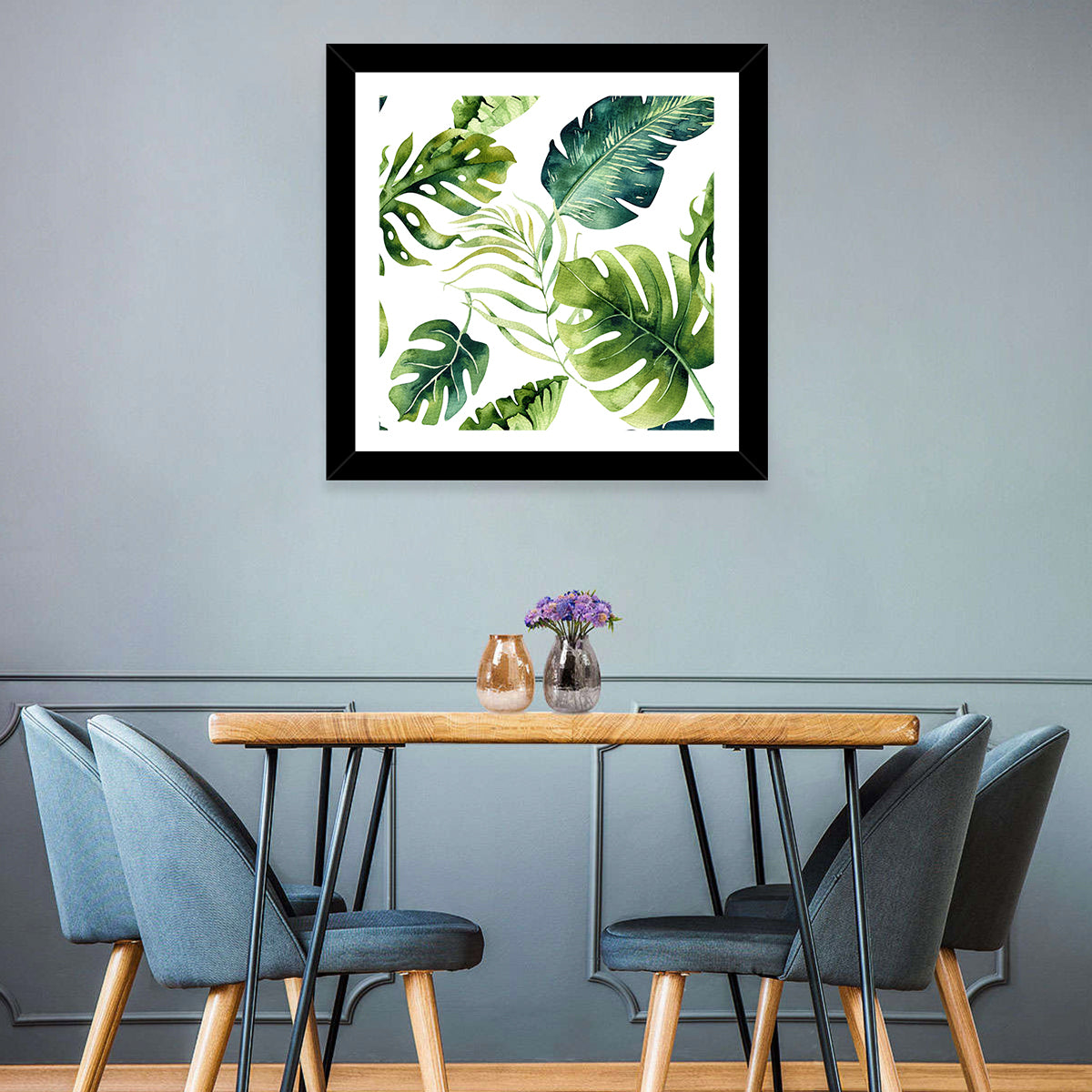 Tropical Watercolor Leaves Wall Art in a room, square