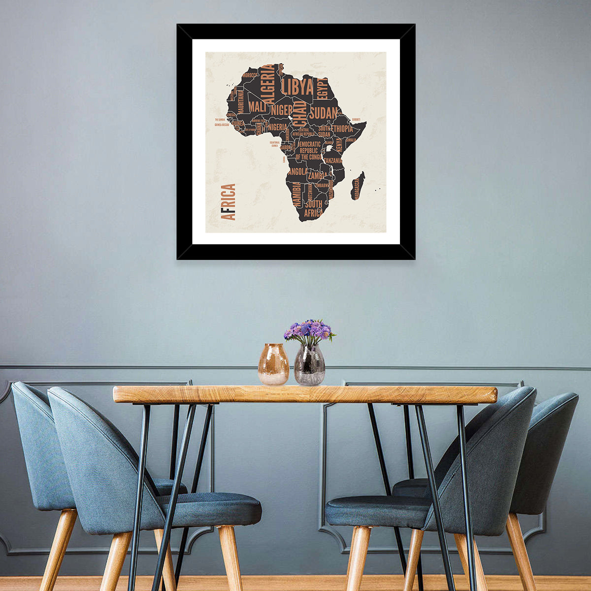 Typographic Africa Map with Country Names Wall Art in a room, square