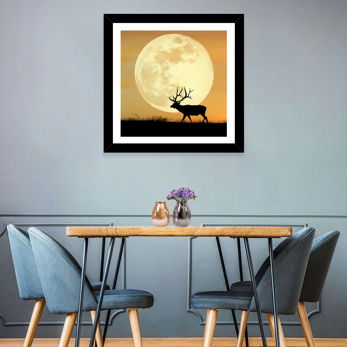 Bull Elk Silhouette Under Supermoon Wall Art