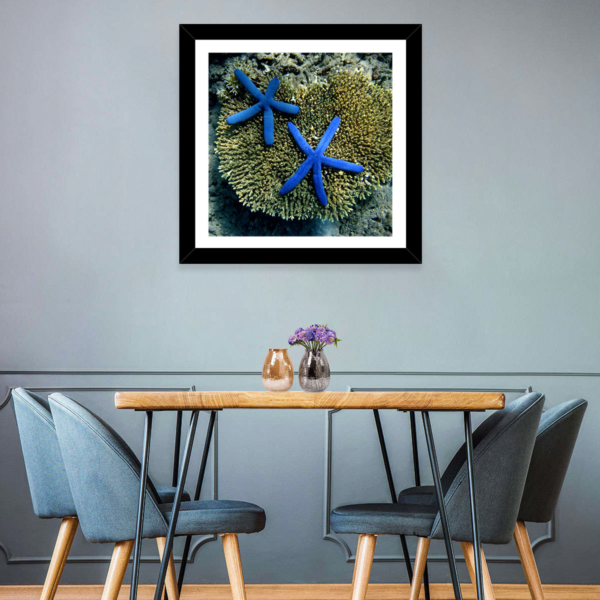 Blue Starfish Wall Art in a room, square