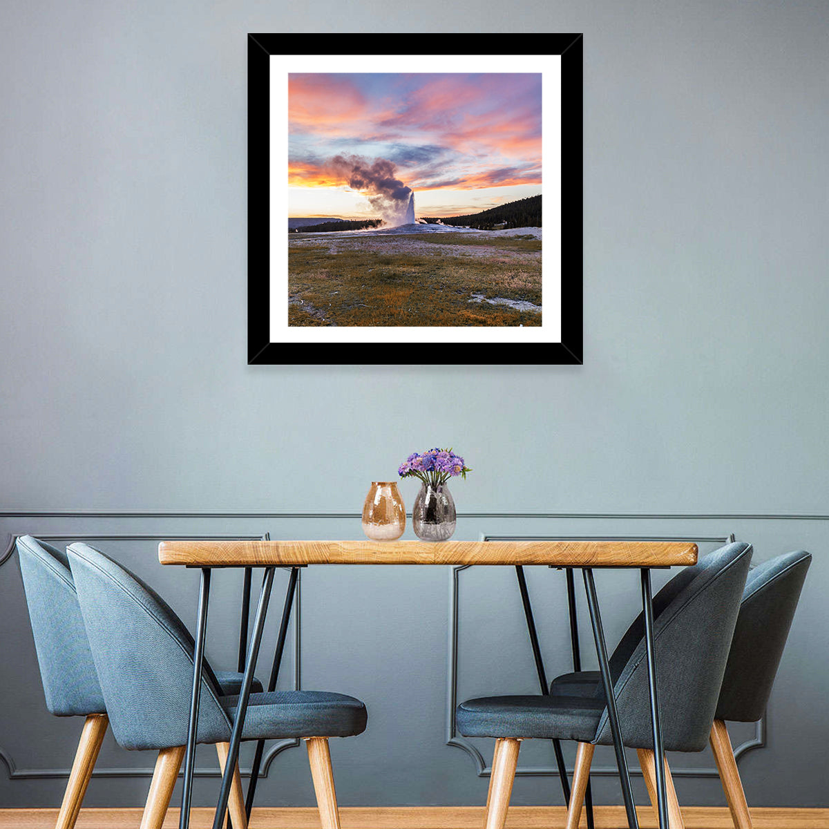 Old Faithful Erupting at Sunset Wall Art