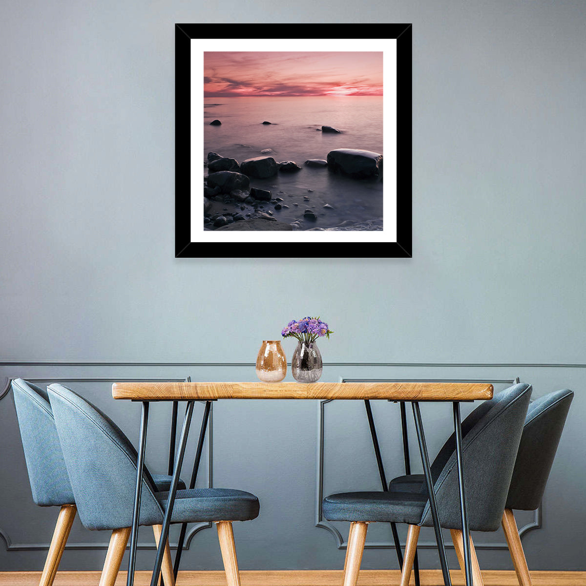 Pink Dusk Lakeshore with Silhouetted Rocks Wall Art