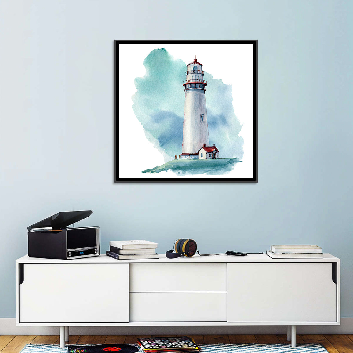 Red Roof Lighthouse Watercolor Wall Art in a room, square