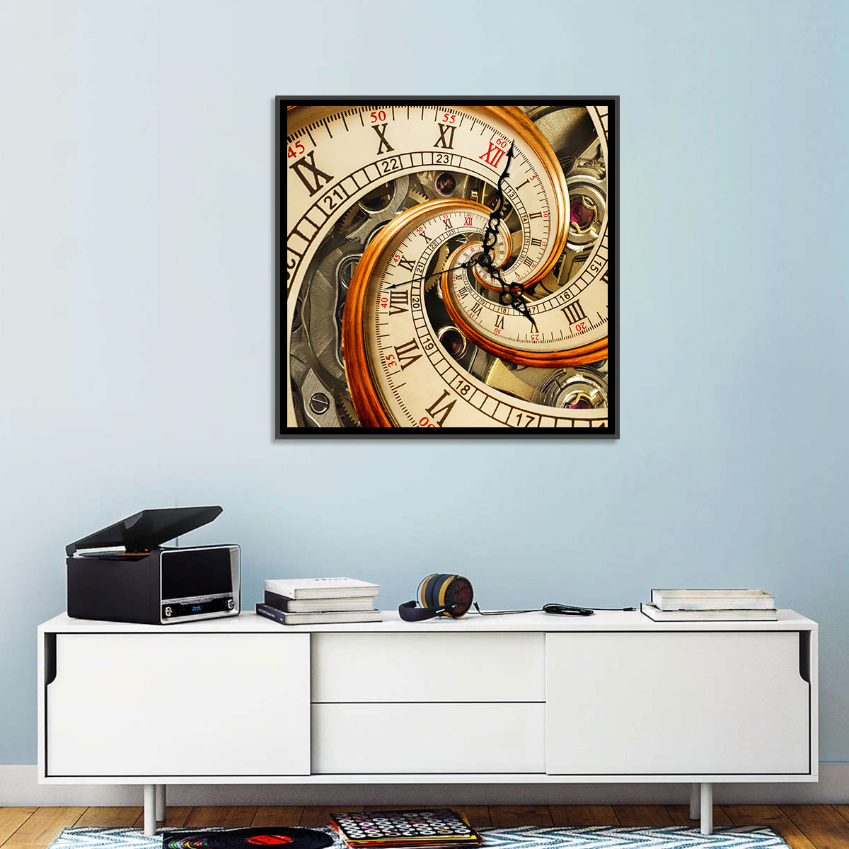 Surreal Infinity Clock Spiral Wall Art in a room, square