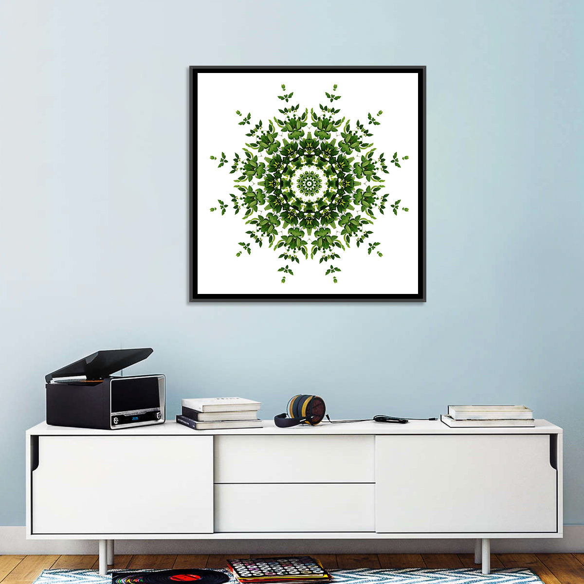 Botanical Green Leaf Mandala Wall Art in a room, square