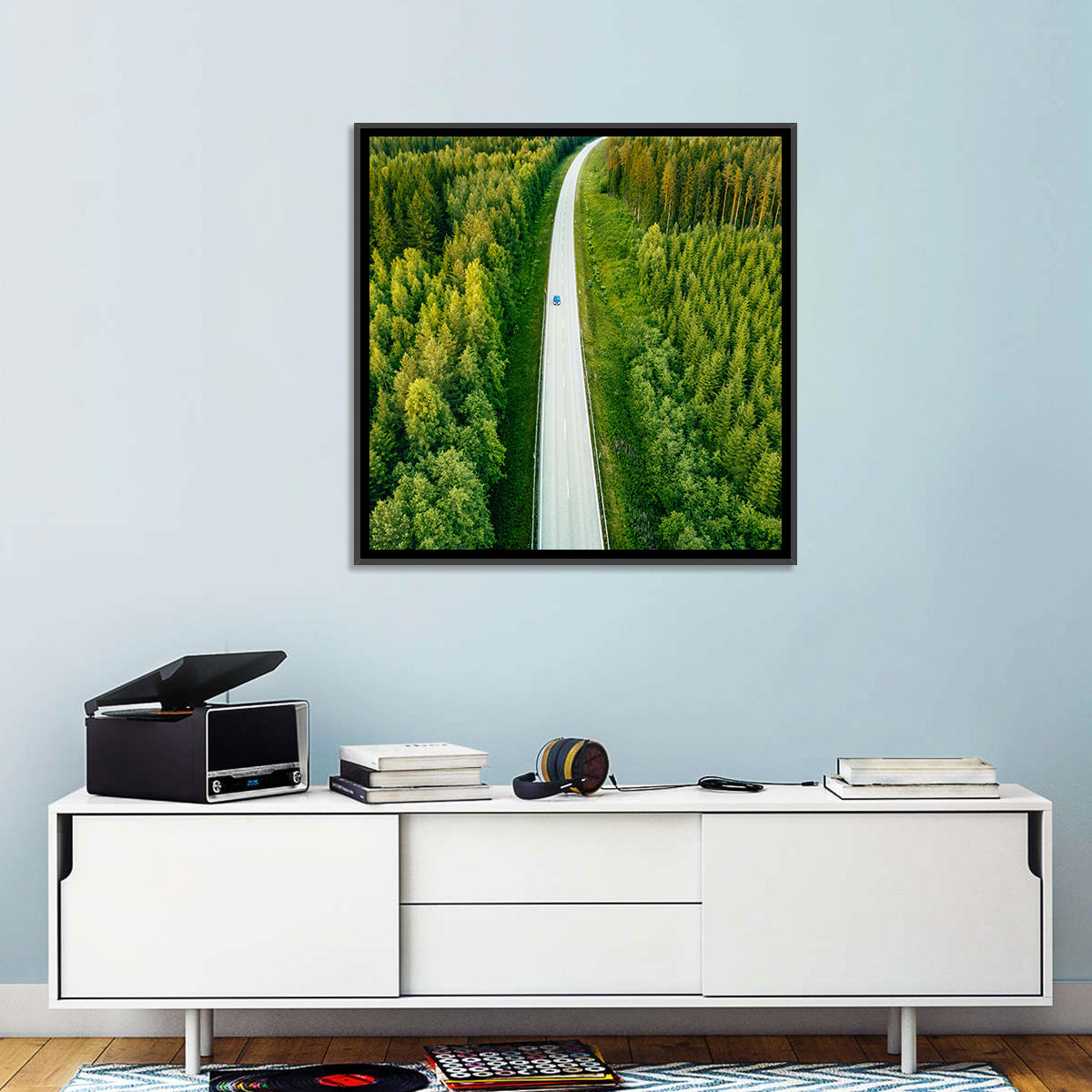 Blue Car on Forest Road Wall Art