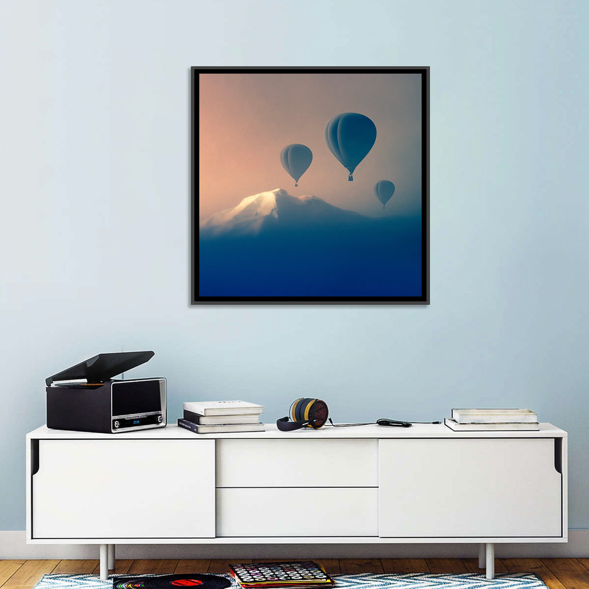 Three Hot Air Balloons Over Misty Peak Wall Art