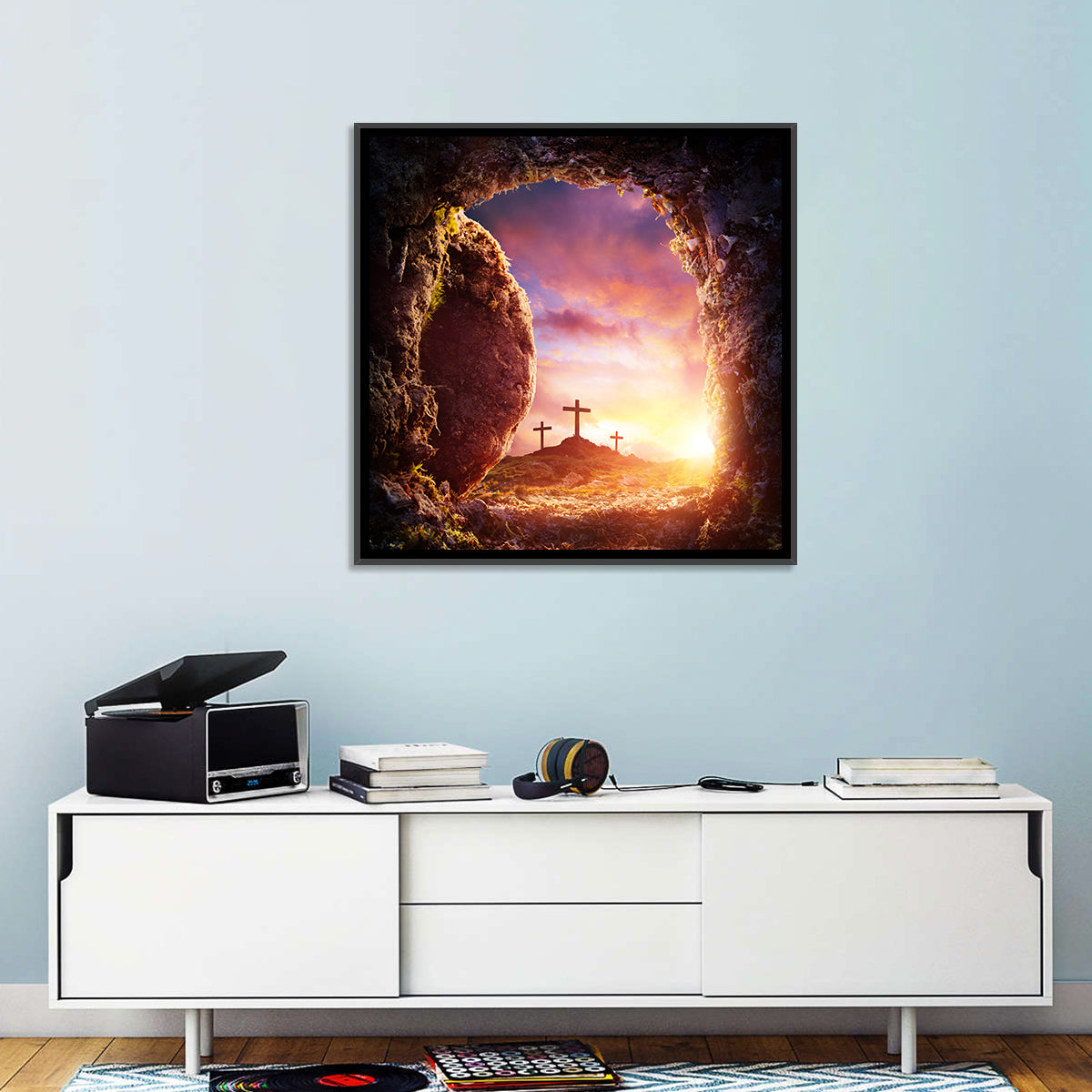 Three Crosses at Sunrise Wall Art in a room, square