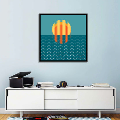 Teal Ocean Sunset Illustration Wall Art