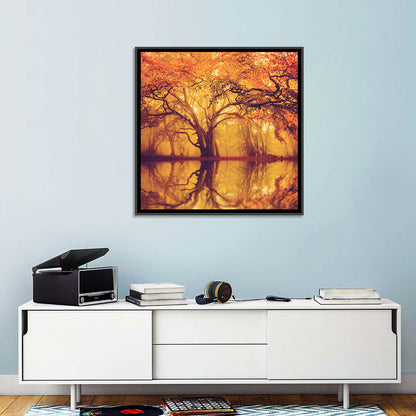 Golden Mist Forest Reflection Wall Art