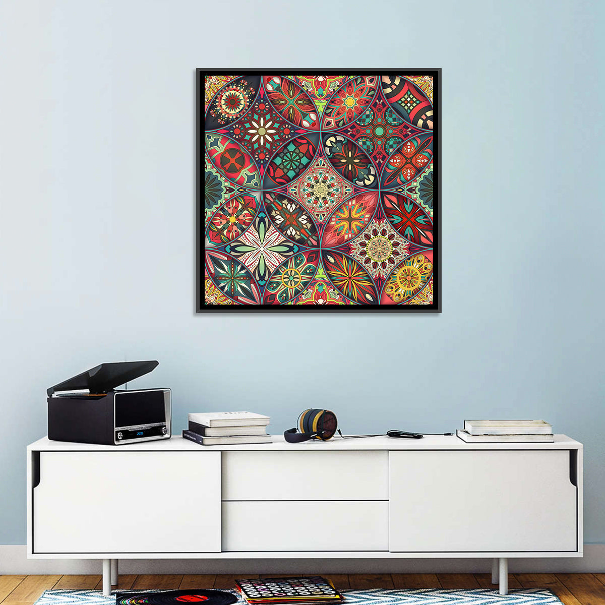 Vintage Mandala Tile Pattern Wall Art in a room, square