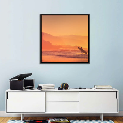 Surfer Silhouette at Golden Sunset Wall Art