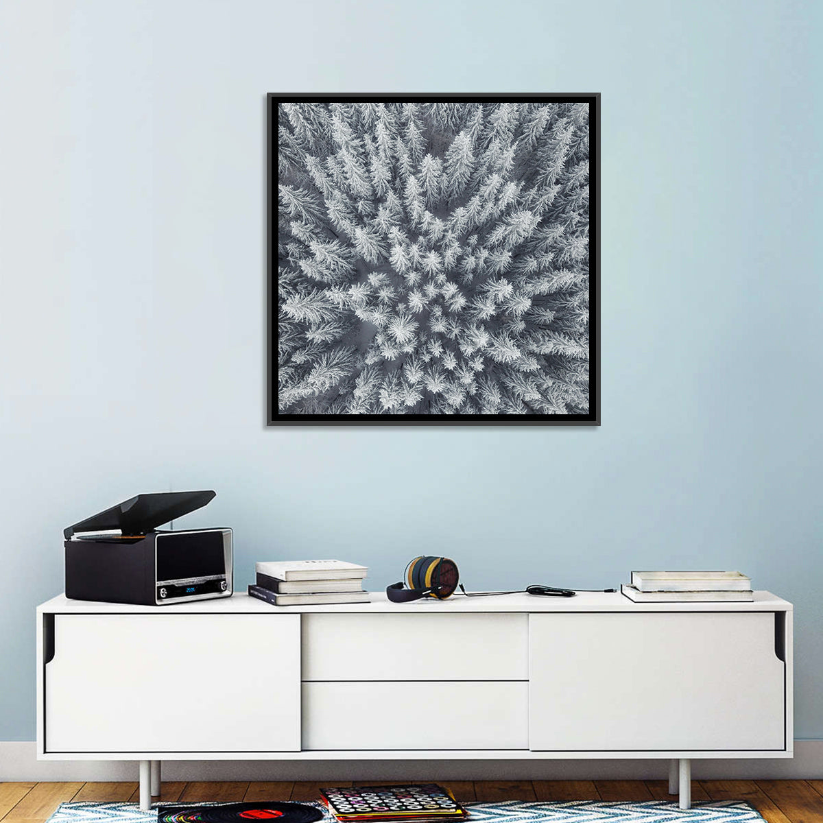 Snow Covered Pine Forest Wall Art in a room, square
