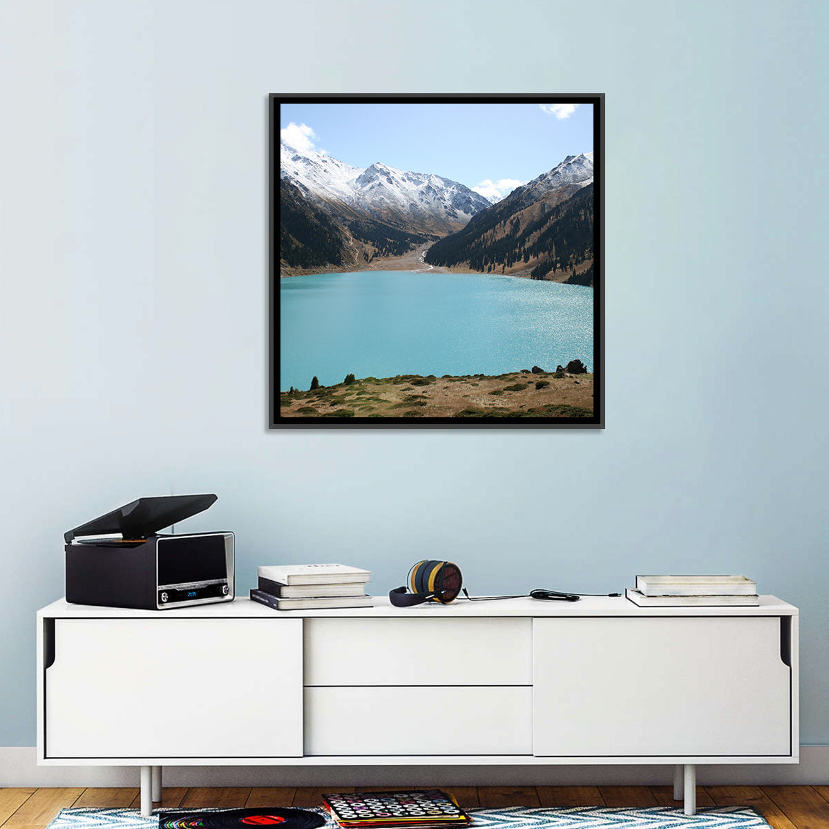 Big Almaty Lake Wall Art in a room, square
