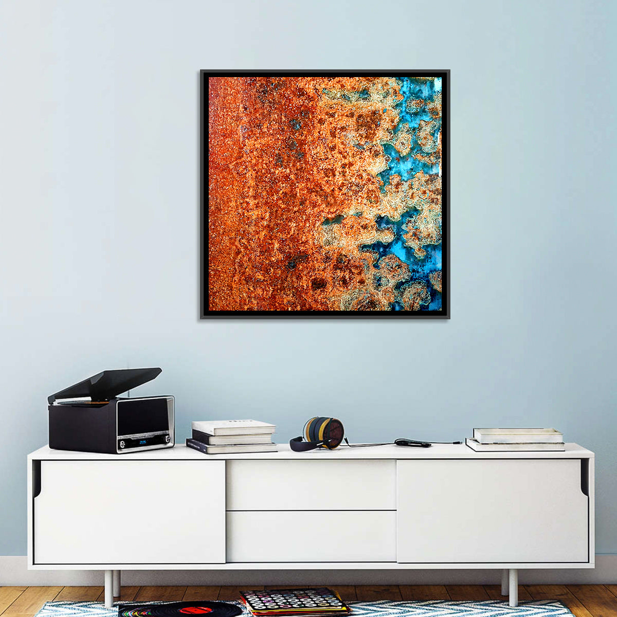 Oxidized Steel Abstract Wall Art in a room, square