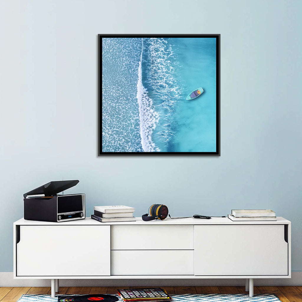 Lone Boat Over Turquoise Waves Wall Art