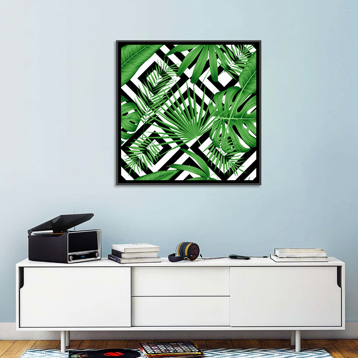 Tropical Geometric Leaves Pattern Wall Art in a room, square