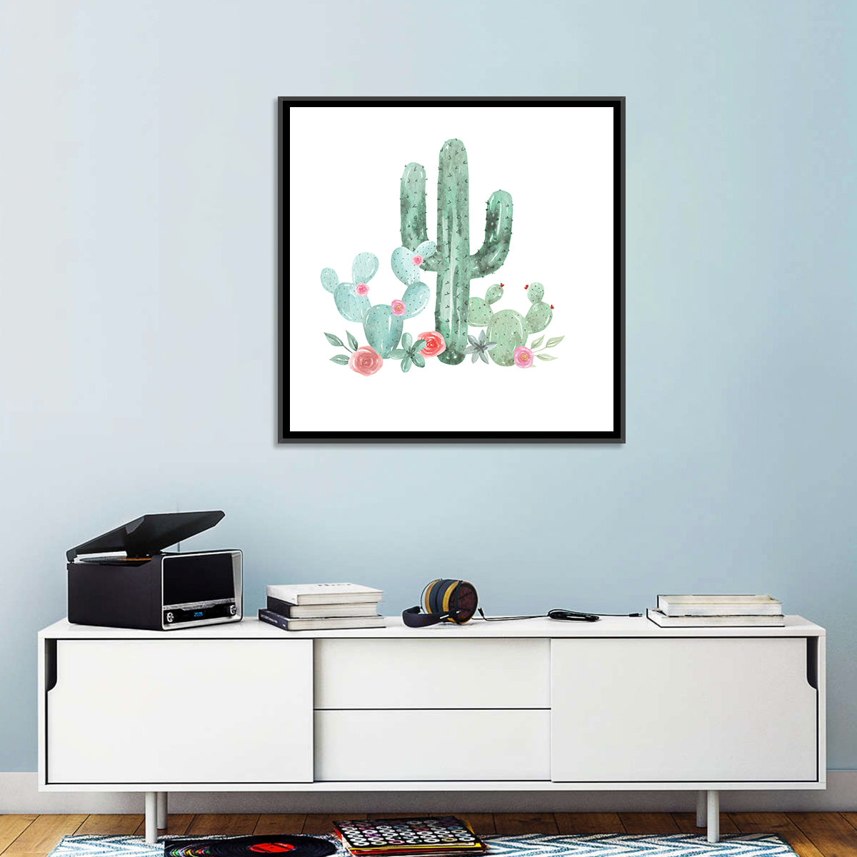 Watercolor Cactus Bouquet Wall Art in a room, square