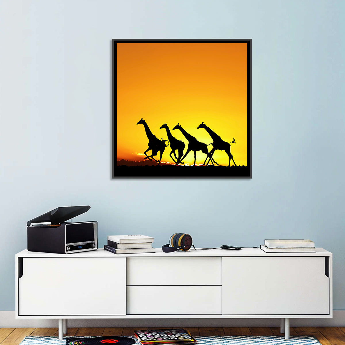 Savanna Giraffes at Sunset Wall Art in a room, square