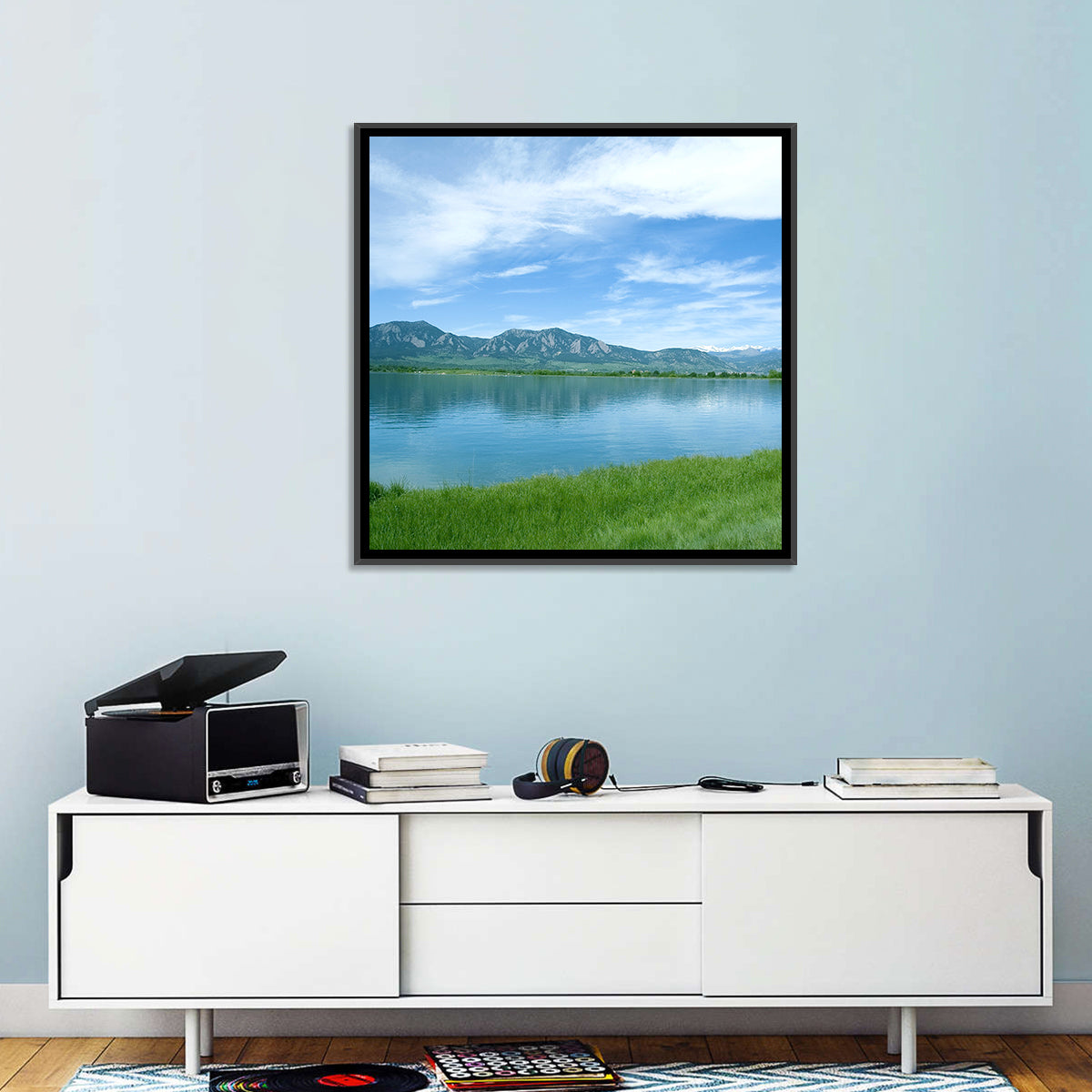 Boulder Reservoir and Flatirons Wall Art in a room, square