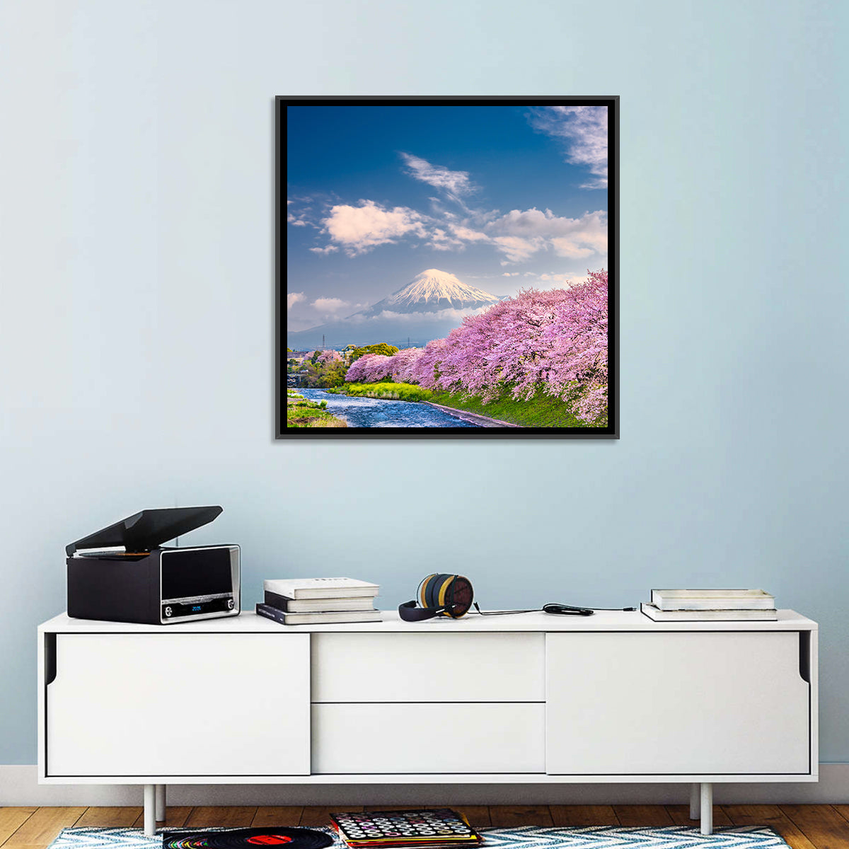 Mount Fuji Cherry Blossoms Wall Art in a room, square