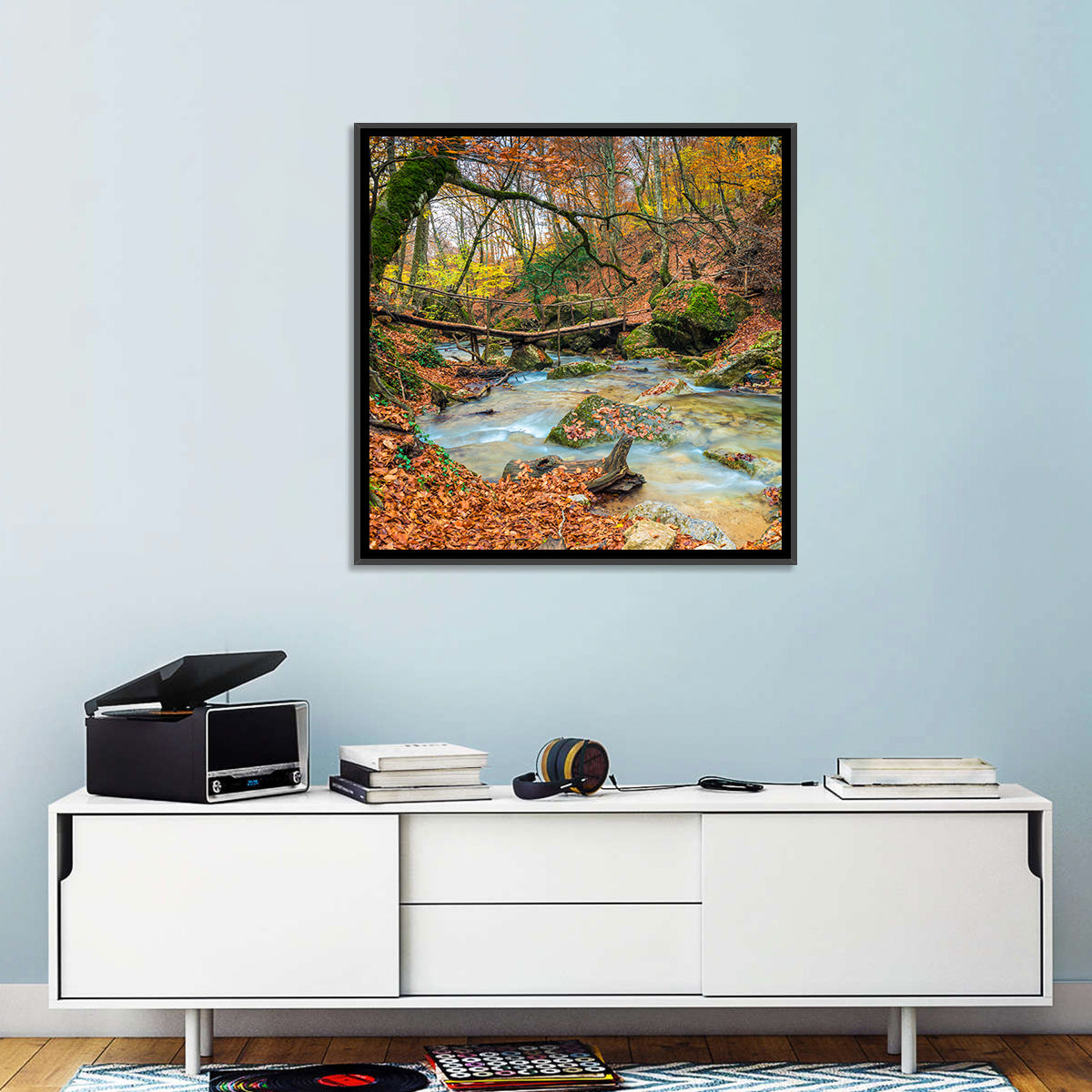 Mossy Footbridge in Autumn Forest Wall Art in a room, square