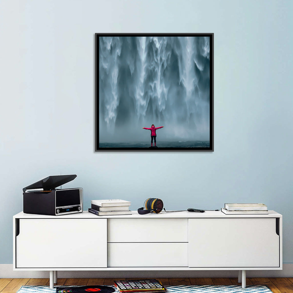 Skogafoss Waterfall with Figure in Pink Wall Art