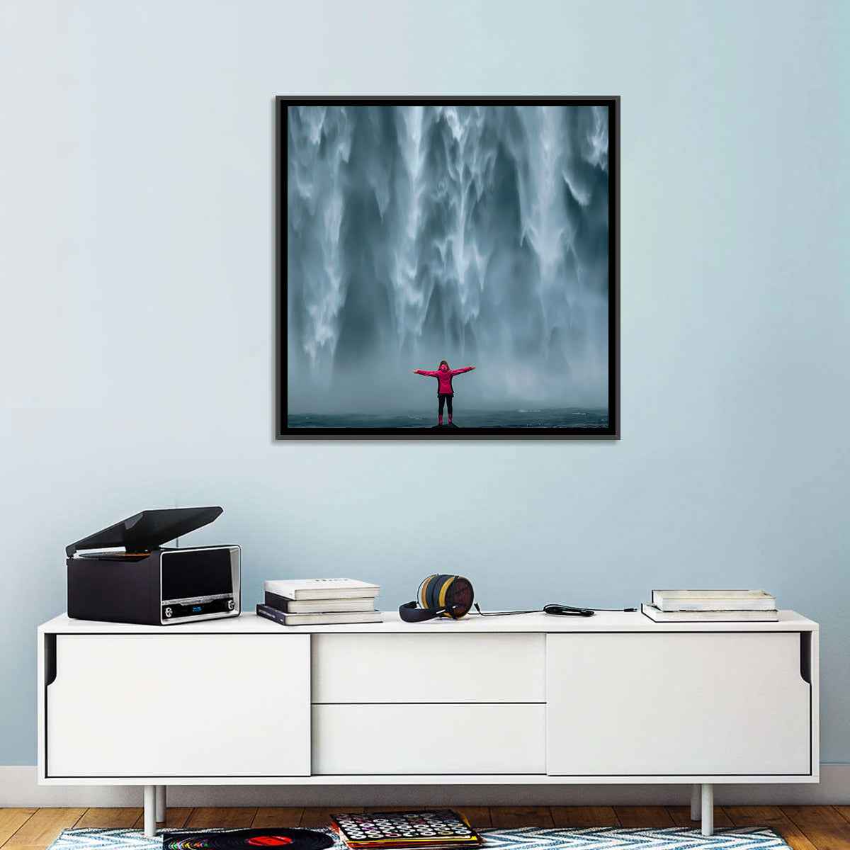 Skogafoss Waterfall with Figure in Pink Wall Art