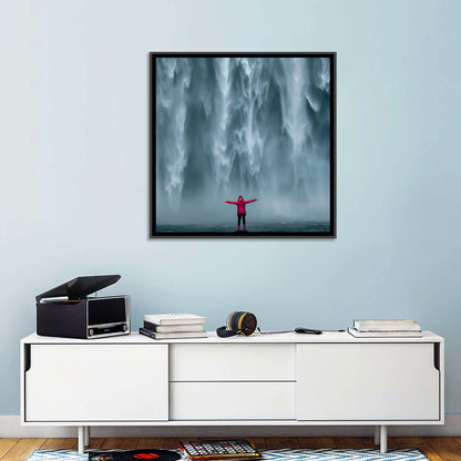 Skogafoss Waterfall with Figure in Pink Wall Art