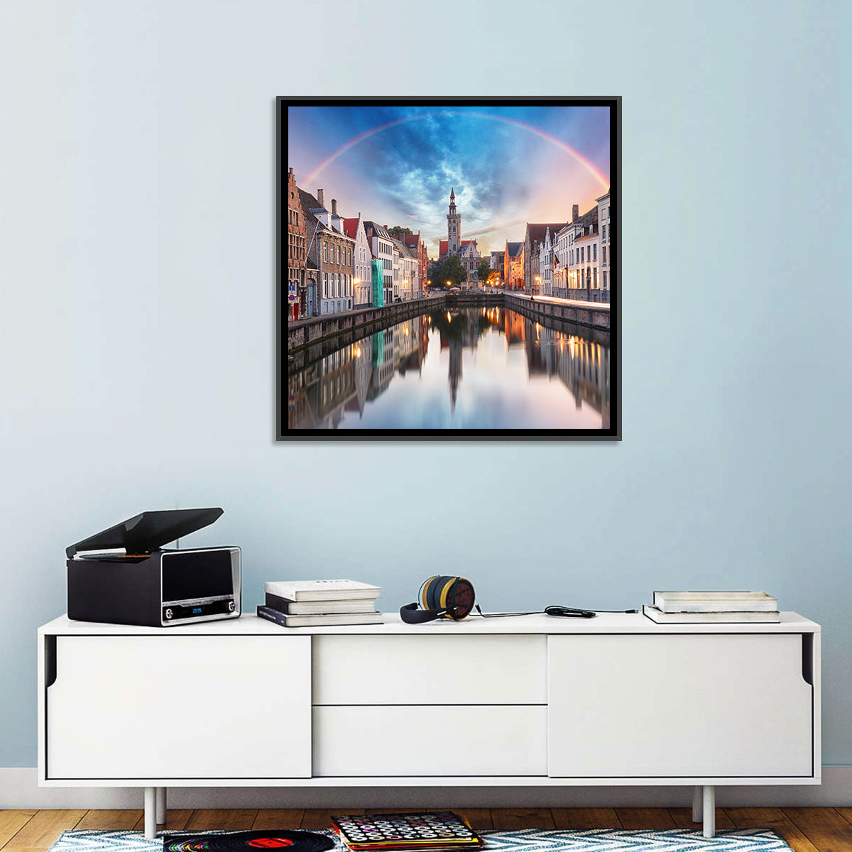 Bruges Twilight Rainbow Over Spiegelrei Canal Wall Art in a room, square