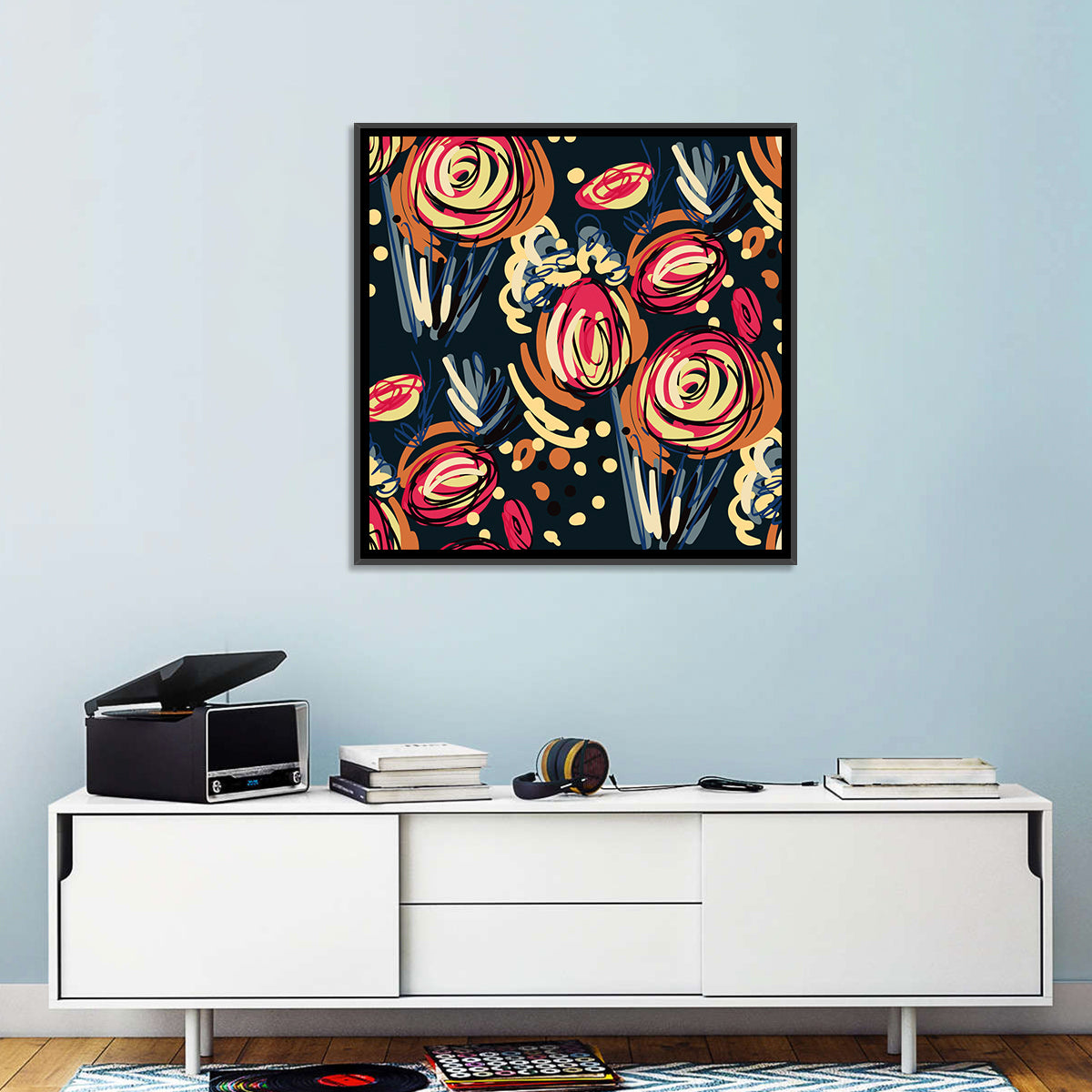 Colorful Scribbled Floral Pattern Wall Art in a room, square